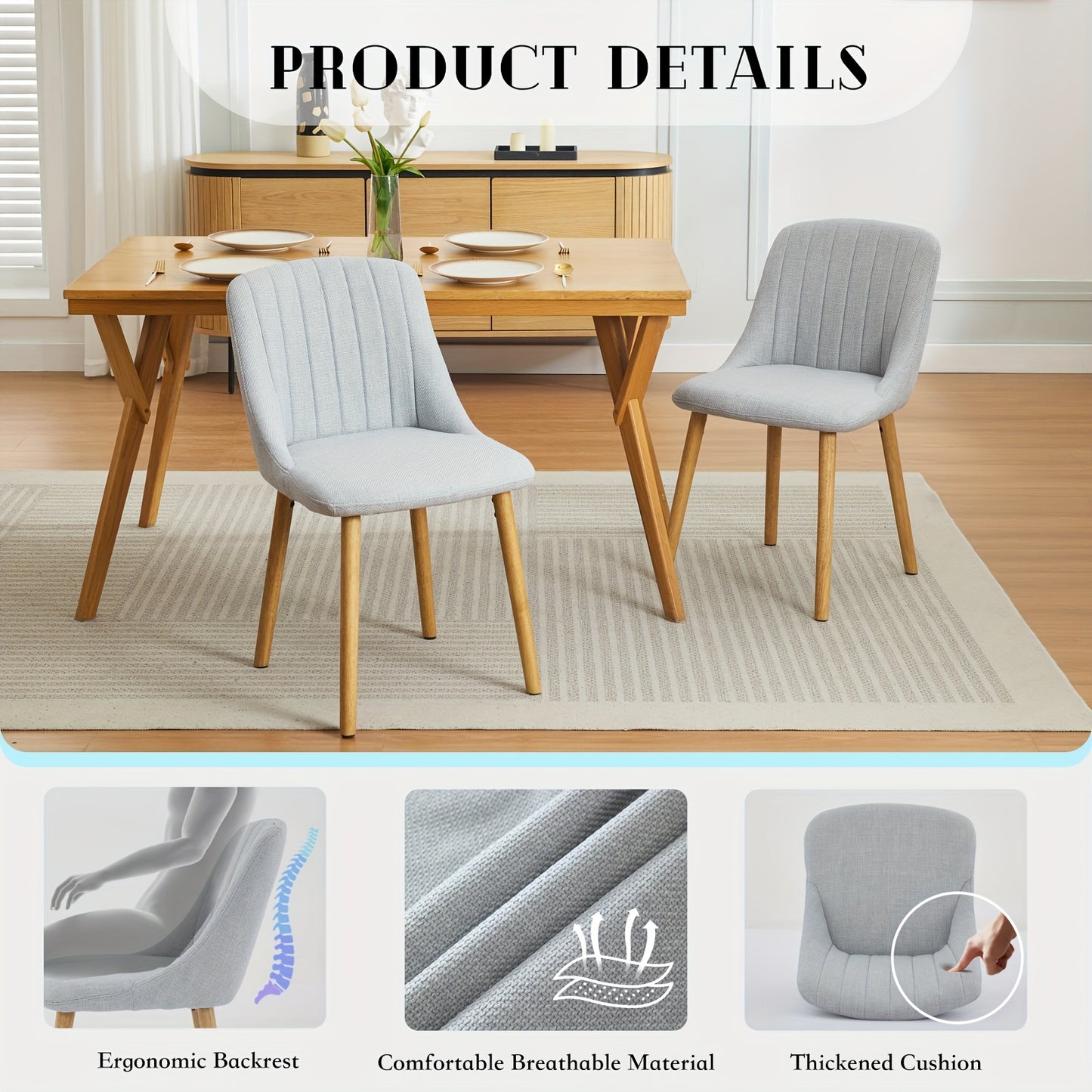 Eetkamerstoelen – Stoelen – Kuipstoelen – Keukenstoelen – Bureau Stoelen – Set van 2 Grijs – Polyester Bekleding – Houten Poten – Afmetingen 43x50x81 cm