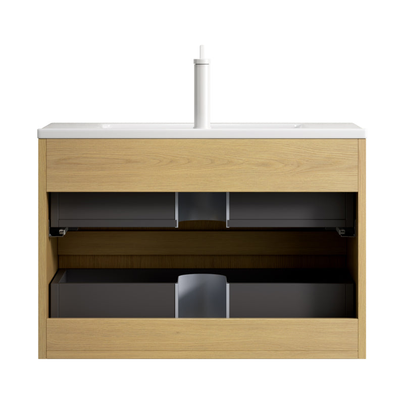 Badkamermeubel – Wastafelmeubel – Badkamerkast – Wastafel – Keramische Wastafel – 75 cm – Hangend Design – Soft-Close Lades – Eikenhout – Compact & Ruimtelijk