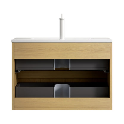 Badkamermeubel – Wastafelmeubel – Badkamerkast – Wastafel – Keramische Wastafel – 75 cm – Hangend Design – Soft-Close Lades – Eikenhout – Compact & Ruimtelijk