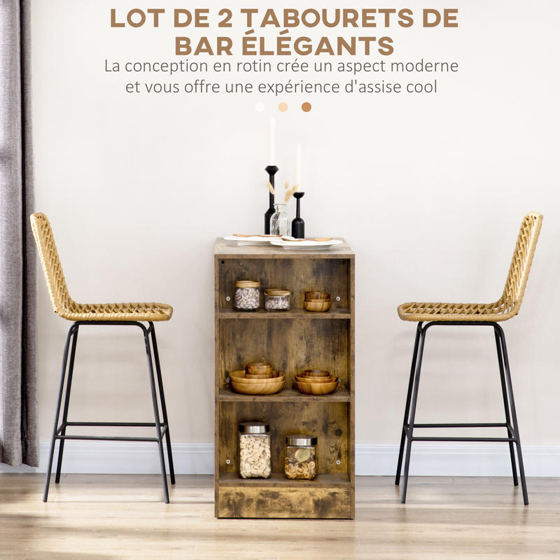 2Er Set Barhocker Mit Lehne Barstühle Im Boho-Design, Pe-Rattan, Inkl. Fußtstütze, 42.5 Cm X 52 Cm X 102 Cm, Gelb + Schwarz