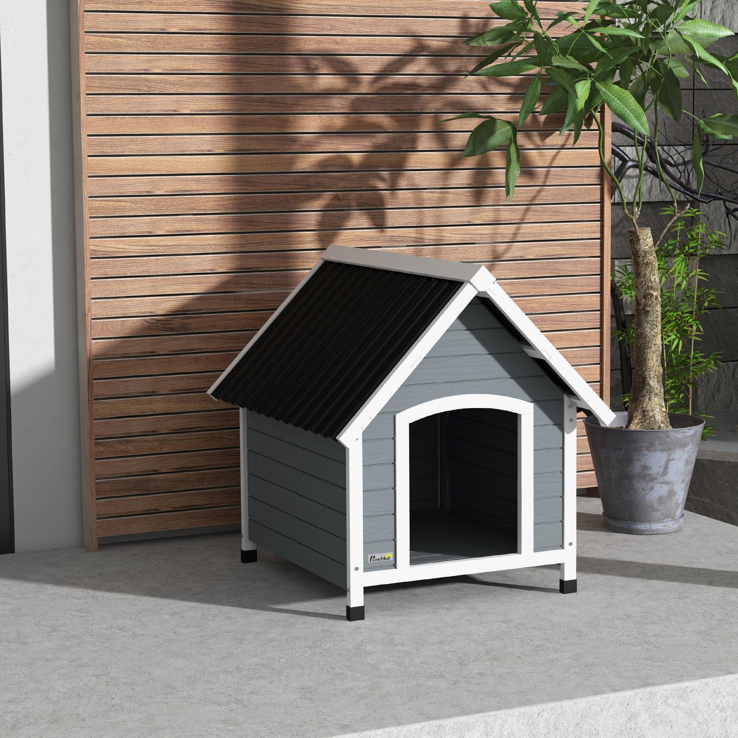 Hondenkennel – Hondenhok – Buitenkennel – Buitenhok – Hondenhuisje – Duurzaam Dennenhout – Waterafstotend Golfdak – Verstelbare Poten – Uitneembare Vloer – Grijs – Medium Honden 75x88x82 cm