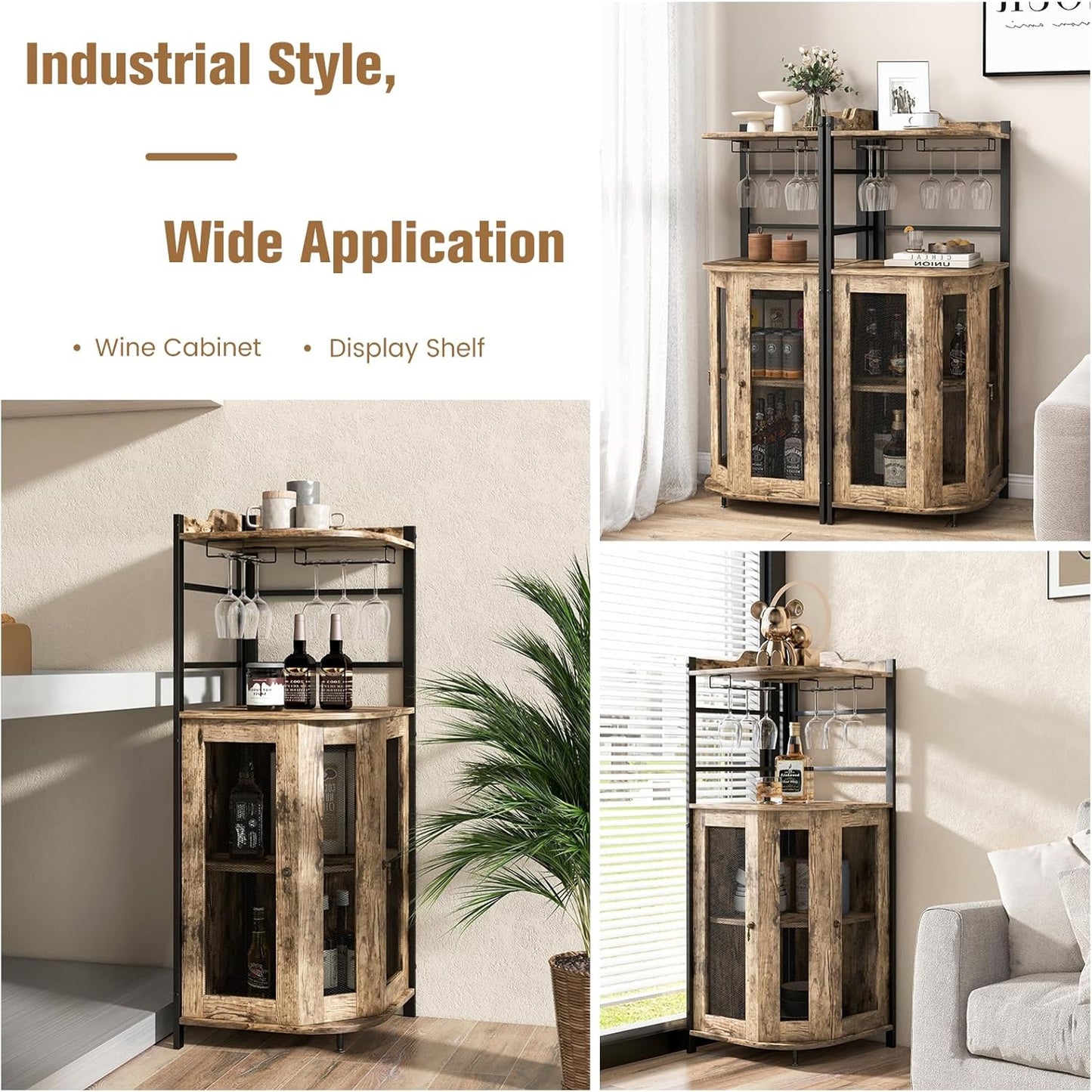 Corner Bar Cabinet with Glass Holder, Industrial Wine Cabinet with Metal Mesh Doors and Adjustable Shelf