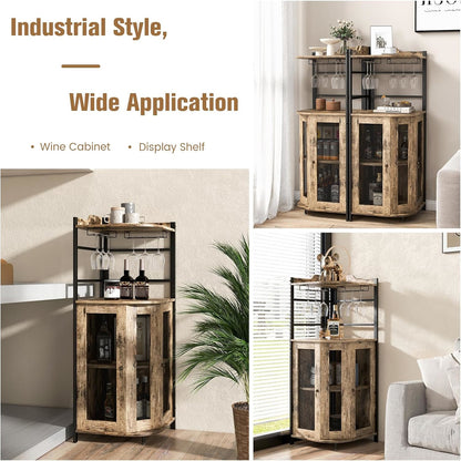 Corner Bar Cabinet with Glass Holder, Industrial Wine Cabinet with Metal Mesh Doors and Adjustable Shelf