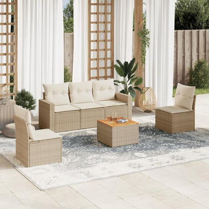 6-delige loungeset – tuinmeubels – loungesofa – zithoek – buitenmeubilair – beige poly rattan – weerbestendig – afneembare kussens