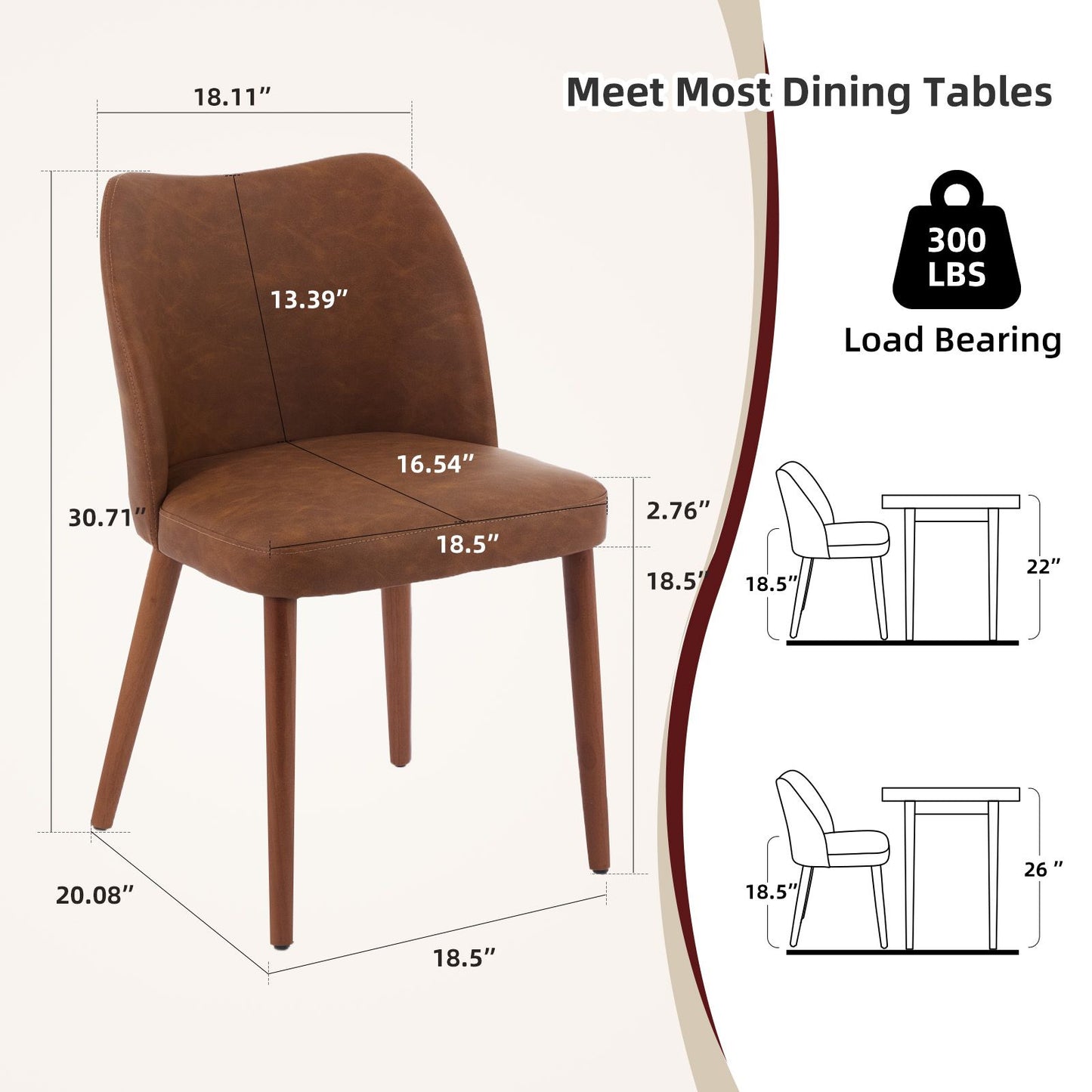 Set of 2 Dining Chairs | Brown Hardwood Kitchen Chairs with Leveling Feet for Dining Room Living Room, Modern Style, Wipe Clean Care