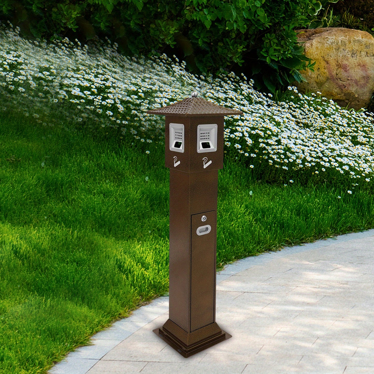 Standing Cigarette Butt Disposal Bin with Ashtray - Heavy-Duty Iron Construction, Windproof & Weatherproof Outdoor/Indoor Automatic Ash Dispenser, Large Capacity Cigarette Butt Dispenser with One-Touch Operation, Battery-Free