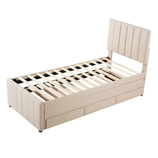 Hoogslaper – Kinderbed – Stapelbed – Zolderbed – Eenpersoonsbed – Linnen Bekleding Licht Beige – Uitschuifbaar Tweelingbed Met Opberglades – MDF En Metaal Frame