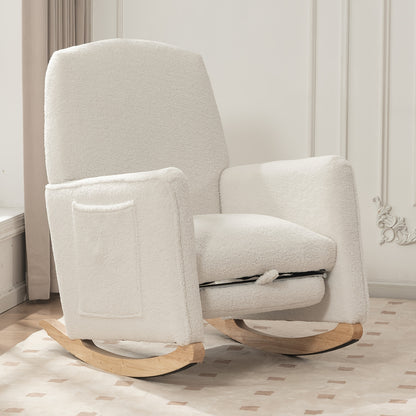 Lounge Schommelstoel – Relaxstoel – Fauteuil – Woonkamerstoel – Schommelstoel Met Voetenbankje – Wit – Hardhouten Frame – Zachte Teddy Bekleding