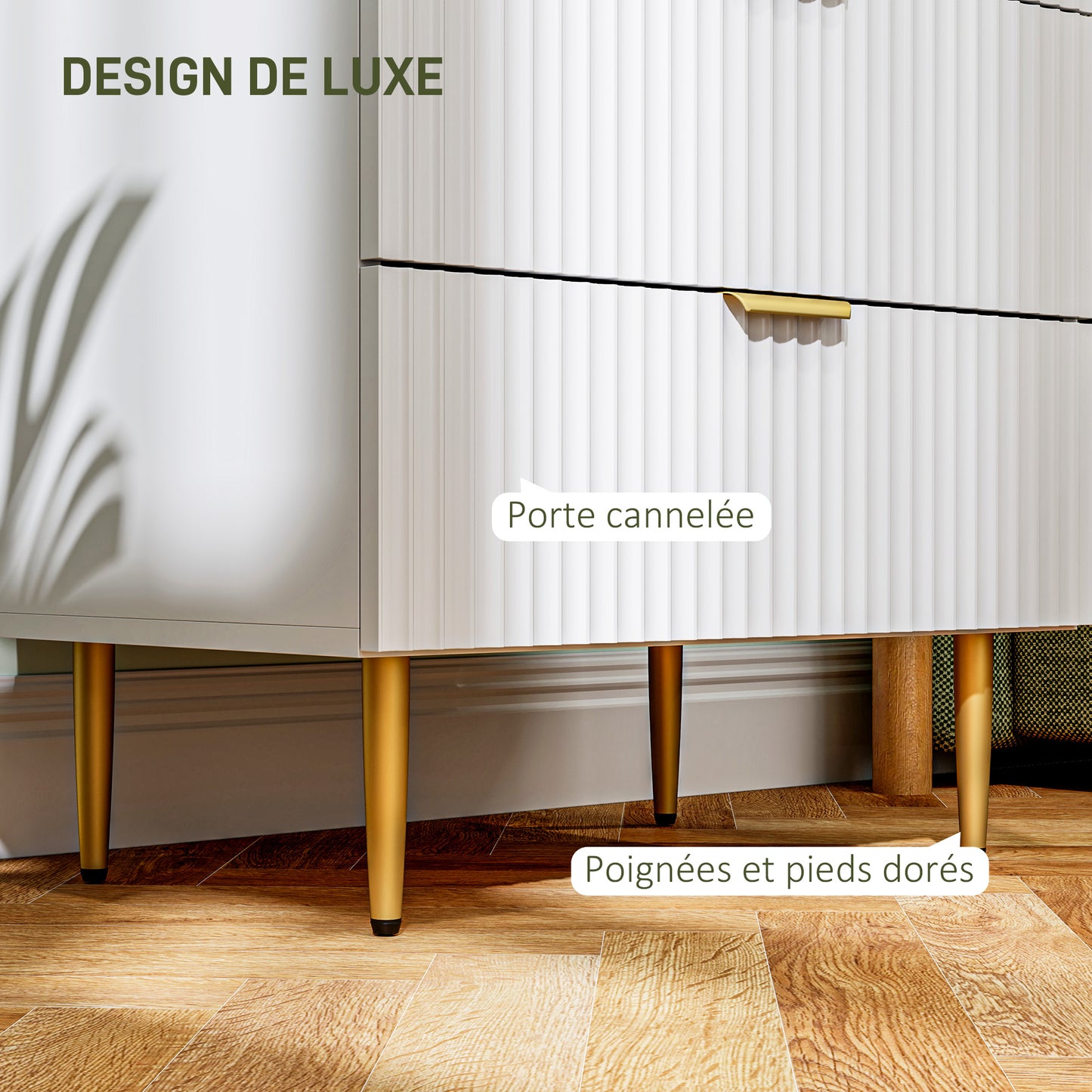 Ladekast – Ladenkast – Commode – Opbergkast – Dressoir – Modern Design – 4 Ruime Lades – MDF Wit Met Gouden Details – 60x40x96 cm