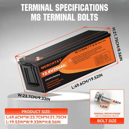 Lithium Accu – LiFePO4 Accu – Oplaadbare Batterij – Deep Cycle Accu – Solar Accu – 12,8V 200Ah – Slim BMS Systeem & 15.000+ Levenscycli