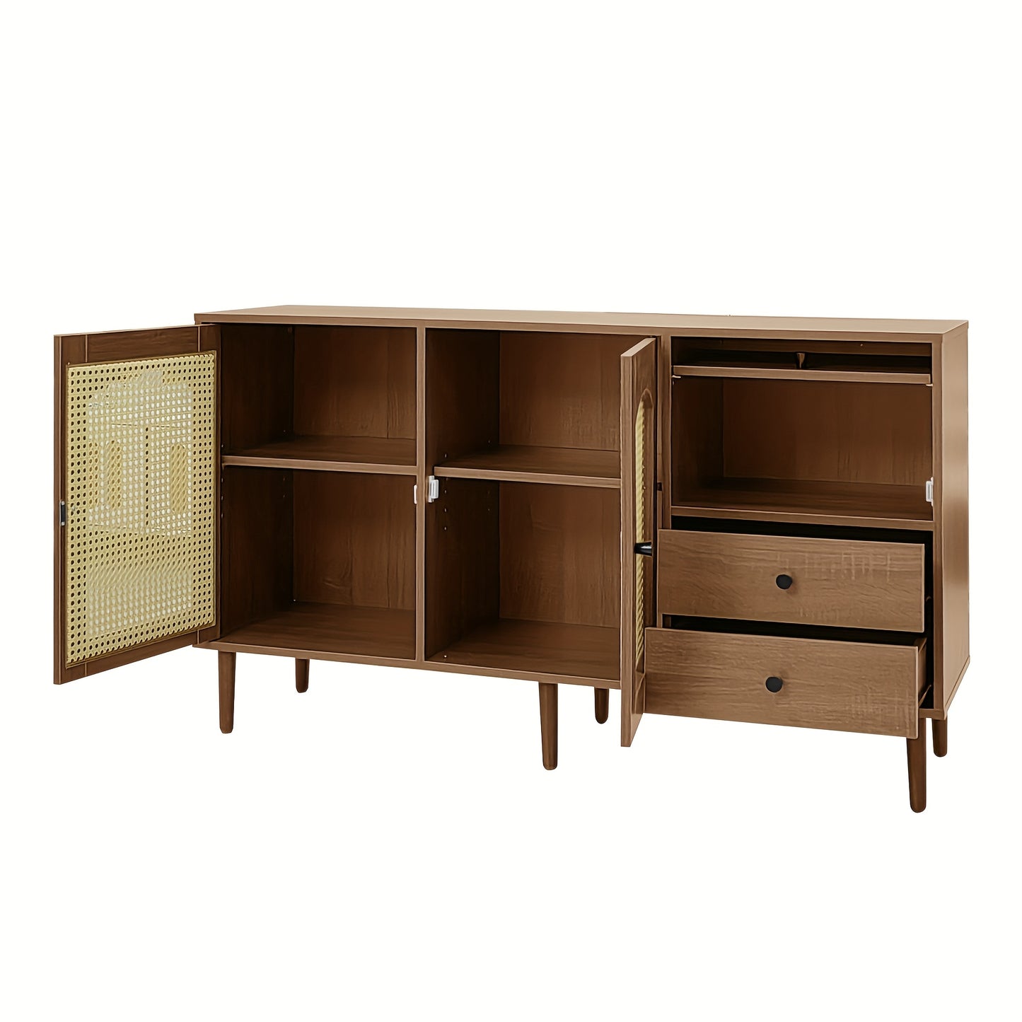 Rustic Sideboard With Rattan Doors - 130 X 75.5 X 40 Cm - Magnetic Suction Cups, Adjustable Shelves, Solid Structure - Elegant And Versatile Design, Storage Drawer Units