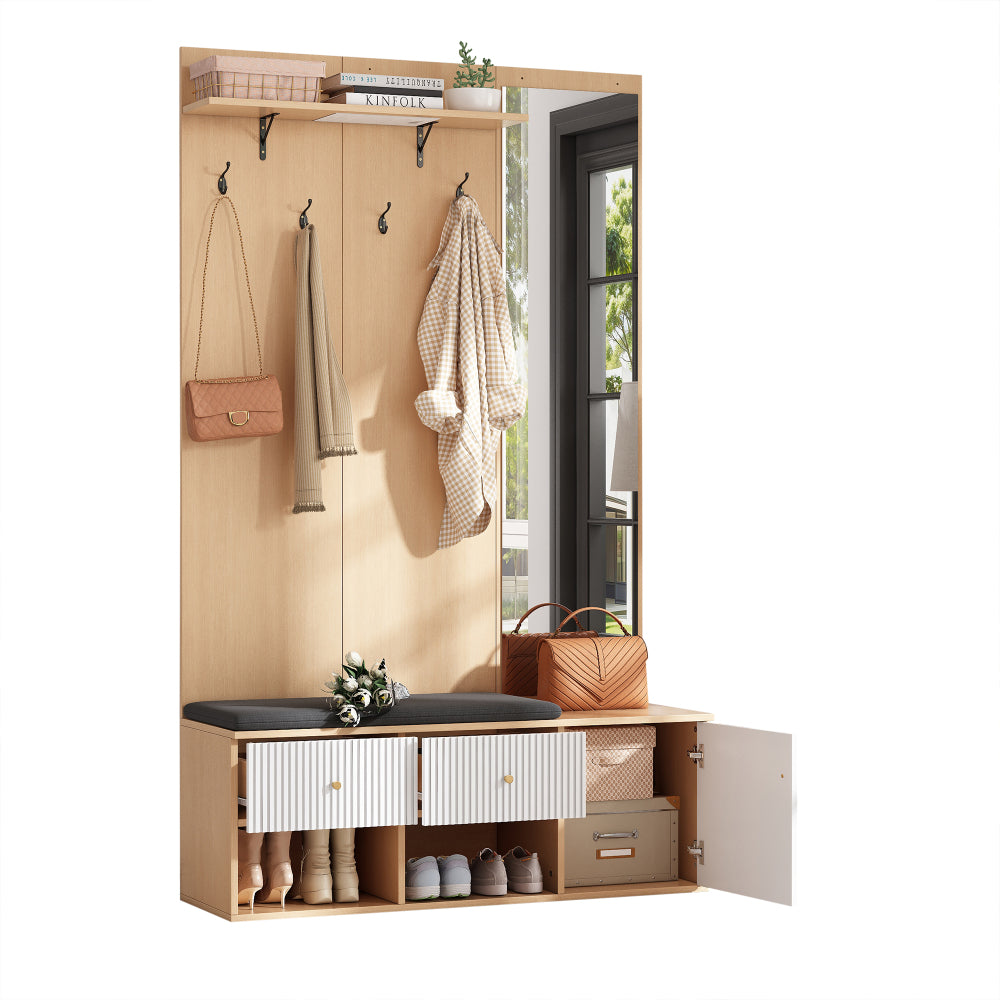 Halmeubel – Kapstok – Schoenenkast – Garderobekast – Schoenenbank – Met Spiegel – Gepolsterde Zitbank – Multifunctioneel Opbergmeubel 120x40x200 cm