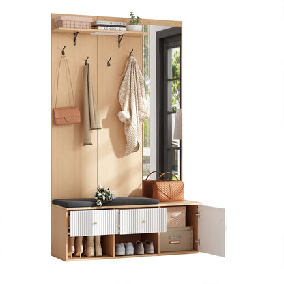 Halmeubel – Kapstok – Schoenenkast – Garderobekast – Schoenenbank – Met Spiegel – Gepolsterde Zitbank – Multifunctioneel Opbergmeubel 120x40x200 cm