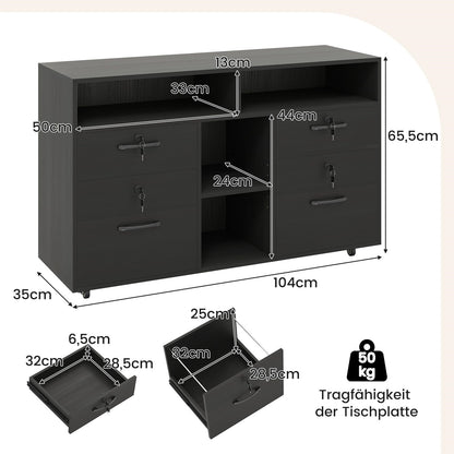 Rollende Opbergkast – Mobiele Ladenkast – Office Organizer – Printerstandaard – Rolcontainer – 4 Lade Met Slot – Verstelbare Plank – Zwart