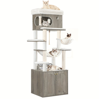 Krabpaal – Kattenboom – Kattenkrabpaal – Kattenmeubel – Kattentoren – Met Kattenbakruimte & Voerstation – 176 cm Hoog Met Sisal Krabpalen & Wasbare Hangmat