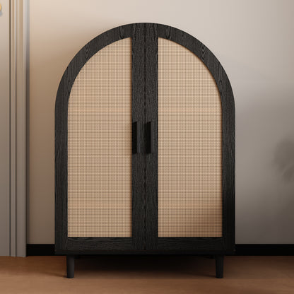 Modern Metal Shoe Cabinet with Wicker Doors - Freestanding Shoe Storage Unit, Curved Edges & 3 Shelves, Space-Saving Vertical/Horizontal Suitable for Entryway, Hallway, Small Apartments - Assembly Required