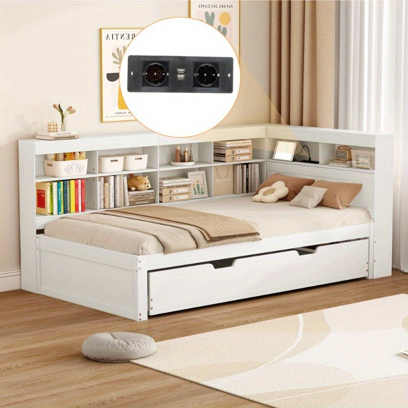 Uitschuifbare Slaapbank – Sofa Bed – Slaapbank Bed – Bedbank – Slaapbank Uitschuifbaar – Massief Houten Frame – 90x200 cm Slaapoppervlak – Wit met Opbergruimte