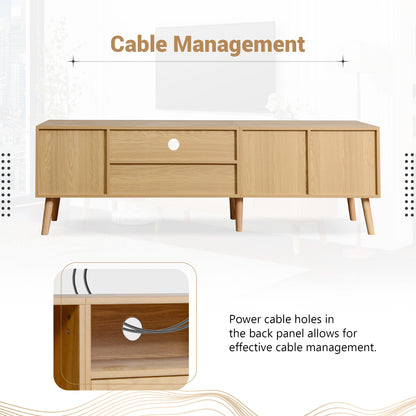 BTM TV Lowboard with Wood Look, Rattan Doors, and Drawer, 180 cm TV Stand for 80-Inch TVs, TV Cabinet with Cable Management, Storage Space & Solid Wood Legs, Scandinavian Design
