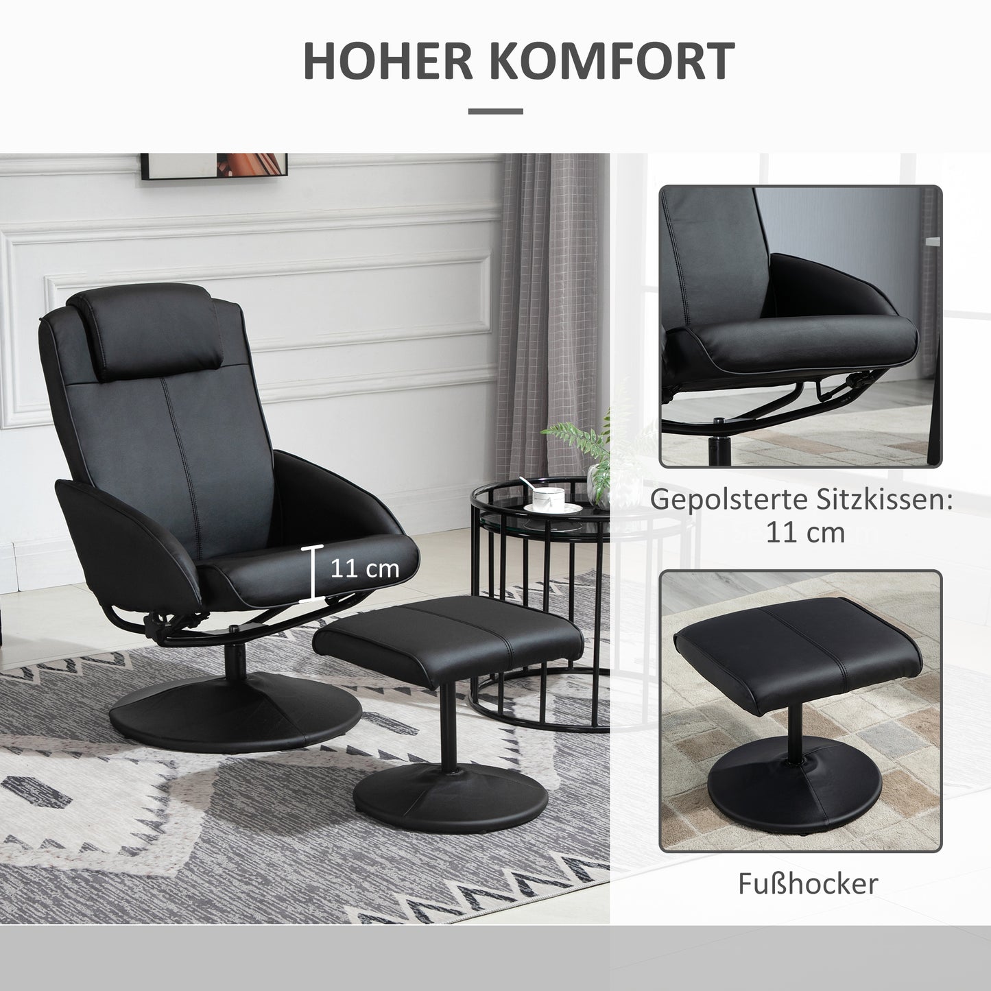 Relaxstoel – Fauteuil – Relaxfauteuil – Stoel Met Voetenbank – Zwarte Kunstleren Bekleding – Verstelbare Rugleuning – Ergonomisch Ontwerp