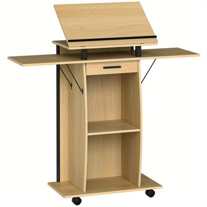 Bureau – Computertafel – Werkplek – Bureautafel – Schrijfmeubel – Verrijdbaar Met Wieltjes – Inklapbare Zijpanelen – Massief Hout Eiken Look – Stevige A-Frame Constructie