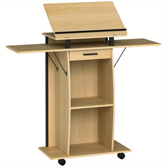 Bureau – Computertafel – Werkplek – Bureautafel – Schrijfmeubel – Verrijdbaar Met Wieltjes – Inklapbare Zijpanelen – Massief Hout Eiken Look – Stevige A-Frame Constructie