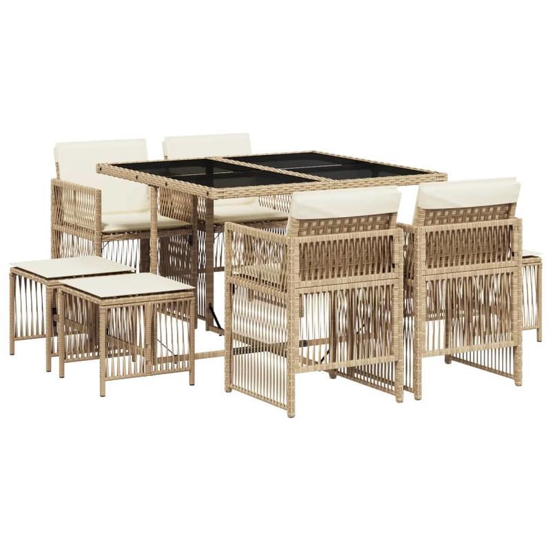 9-delige Tuinset – Buitenmeubelset – Tafel Met Stoelen – Terrasset – Rattan Meubelset – Beige Kussens – Weerbestendig Poly Rattan – Afneembare Polyester Hoezen