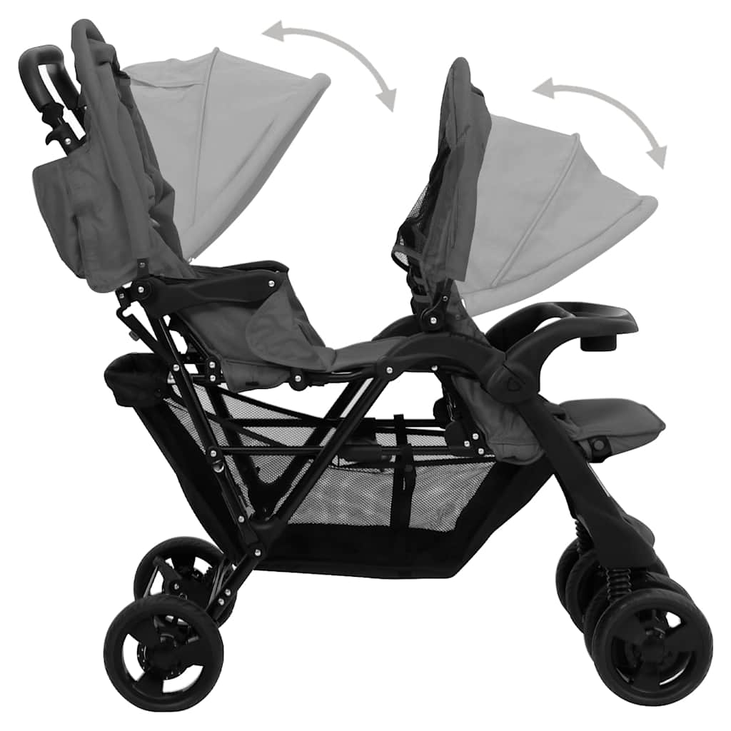 Tandem Kinderwagen – Dubbele Buggy – Dubbele Kinderwagen – Tandem Buggy – Kinderwagen Voor Twee – Stevig Stalen Frame – Verstelbare UV Zonnekappen – Donkergrijs