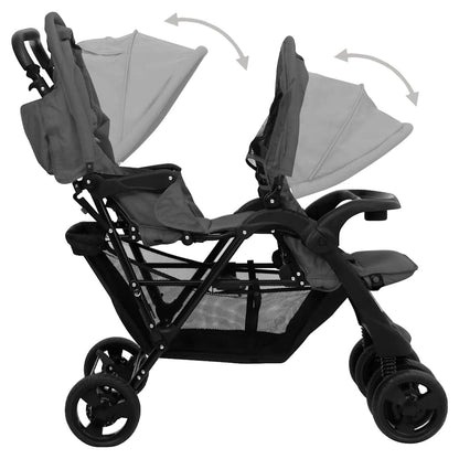 Tandem Kinderwagen – Dubbele Buggy – Dubbele Kinderwagen – Tandem Buggy – Kinderwagen Voor Twee – Stevig Stalen Frame – Verstelbare UV Zonnekappen – Donkergrijs
