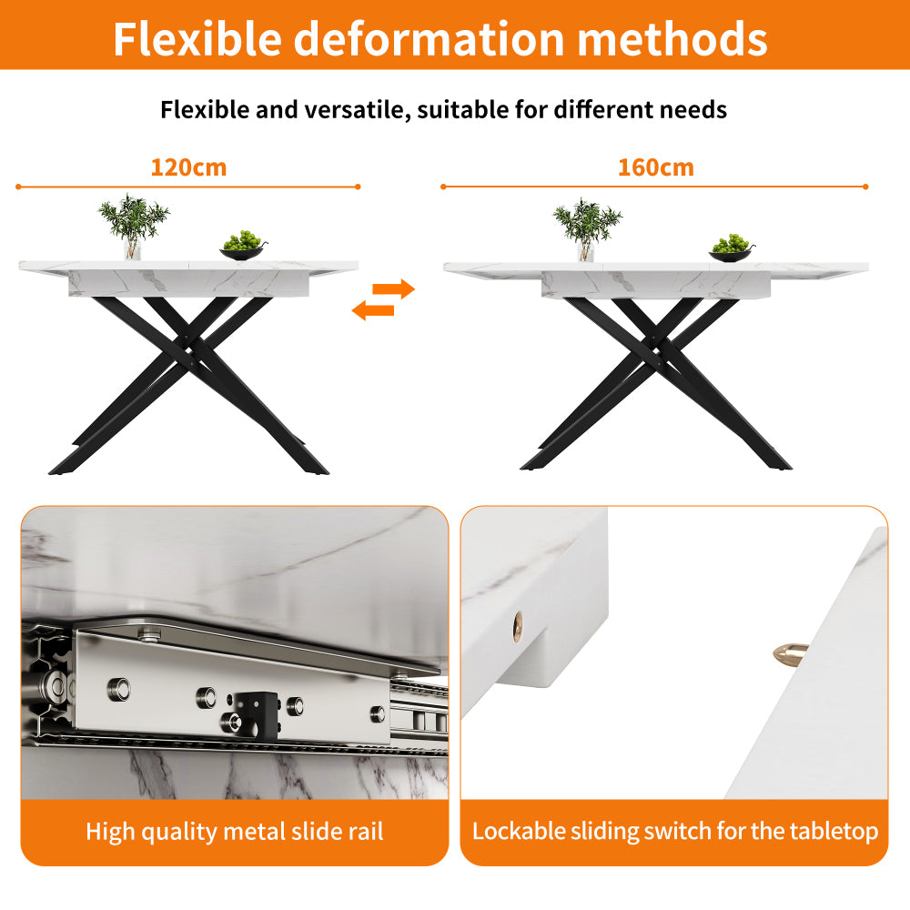 Uitschuiftafel – Inklaptafel – Klaptafel – Vouwtafel – Eettafel – Verstelbaar 120-160 cm – Wit Marmerlook – Zwarte Kruisframe Poten