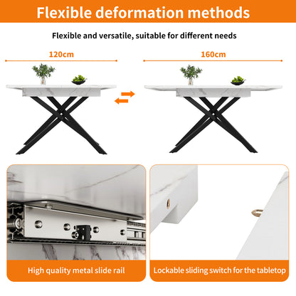 Uitschuiftafel – Inklaptafel – Klaptafel – Vouwtafel – Eettafel – Verstelbaar 120-160 cm – Wit Marmerlook – Zwarte Kruisframe Poten