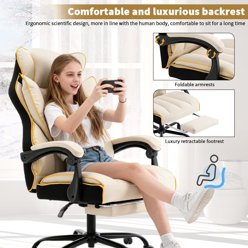 Gamingstoel – Gamestoel – Gaming Chair – Game Stoel – Bureaustoel – Verstelbaar in Hoogte – PU Leren Bekleding – Comfortabel Zacht Foam – Stevige Rugondersteuning – Vijfwielig Vloerbesparend – Duurzame Constructie – Beige Goud