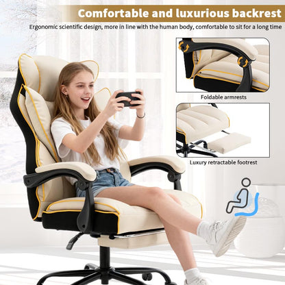 Gamingstoel – Gamestoel – Gaming Chair – Game Stoel – Bureaustoel – Verstelbaar in Hoogte – PU Leren Bekleding – Comfortabel Zacht Foam – Stevige Rugondersteuning – Vijfwielig Vloerbesparend – Duurzame Constructie – Beige Goud