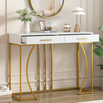 Sidetable – Consoletafel – Wandtafel – Haltafel – Bijzettafel – Modern – Met 2 Laden – Metaal Frame – Wit Met Gouden Poten – Compact 120x38x76 cm