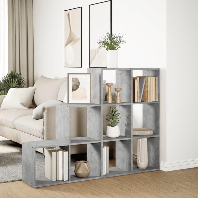 Roomdivider – Kamerscherm – Scheidingswand – Ruimteverdeler – Boekenkast – Betongrijs – 3 Niveaus – MDF en Hout