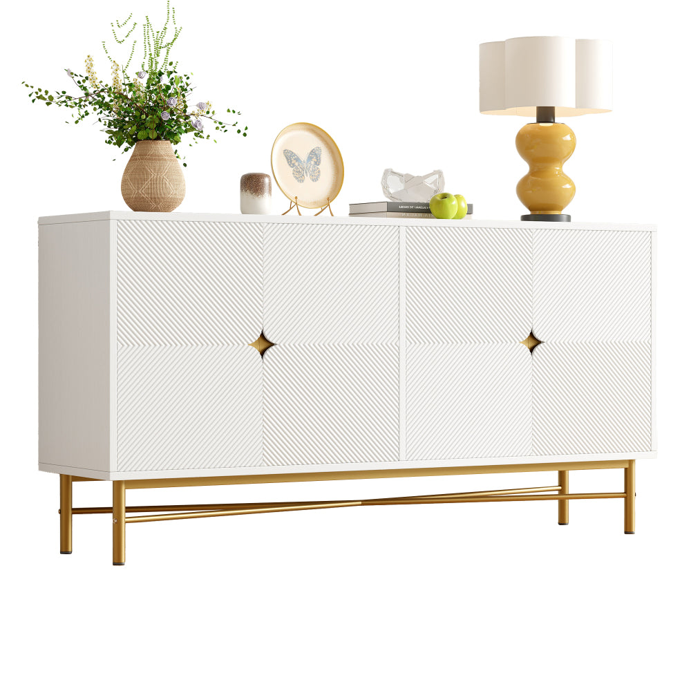 Sideboard with Raised Texture 160cm, Cabinet with Four Doors and Golden Brushed Handles & High-Gloss Table Legs, White, 160×40×82cm, Entryway Cabinet, Bedroom Sideboard, Elegant Handles, Sleek Cabinet, Stylish Hardware, Dur