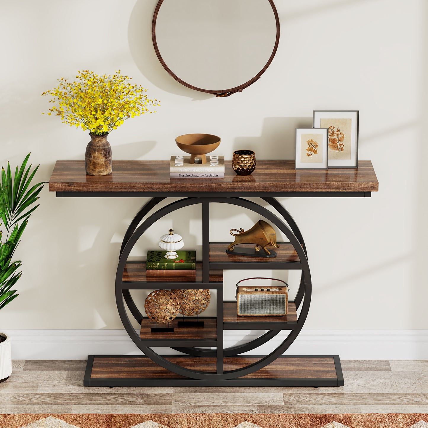Smalle Rondvormige Haltafel – Sidetable – Opbergtafel – Gangtafel – Halmeubel – Rustiek Bruin – Multi-laags Opbergplanken – Hout & Kunststof – Ruimtebesparend Design