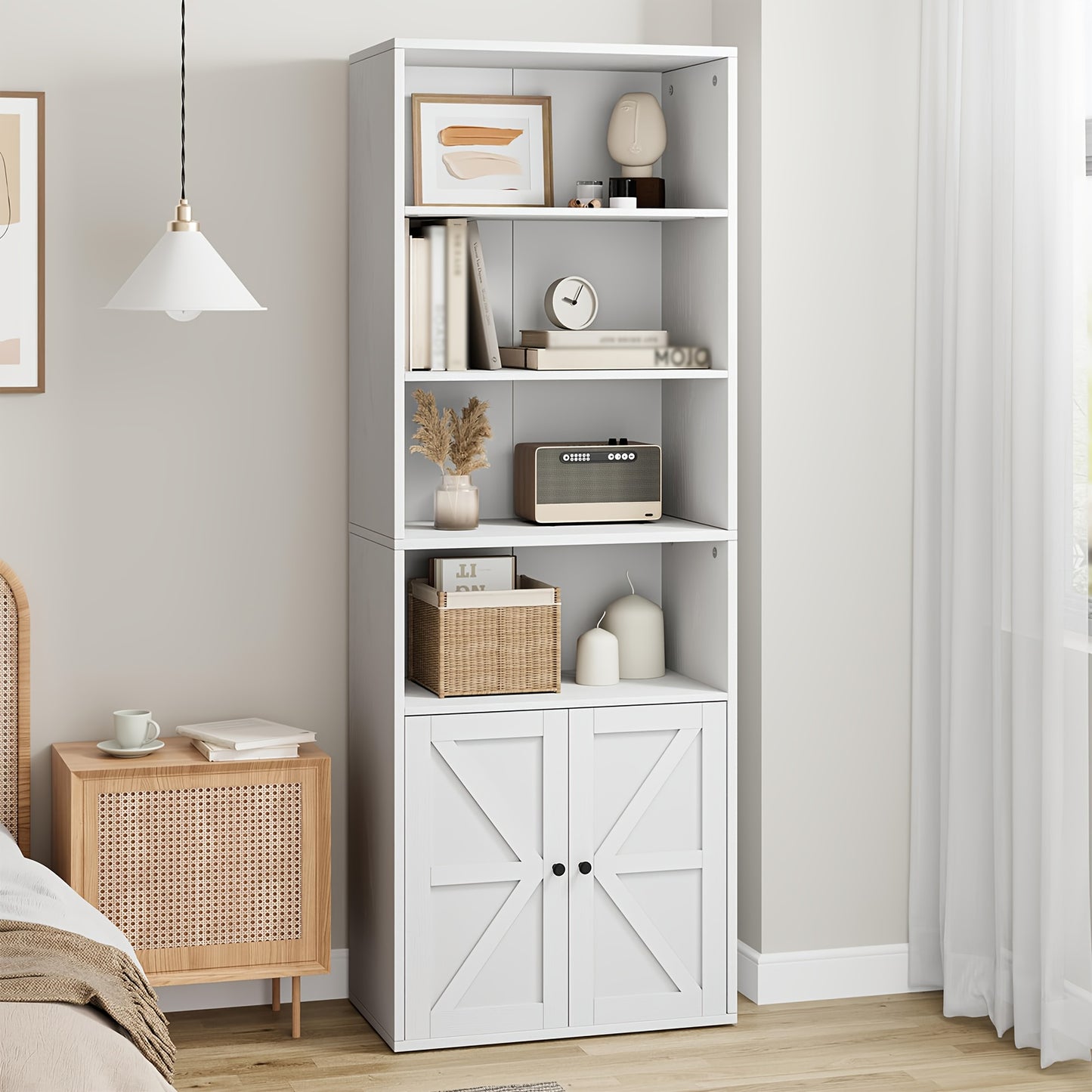 Industrial Farmhouse Bookcase with Doors - Extra Tall 181.36cm Tall Bookshelf, Heavy-Duty Hardwood Construction, No Assembly Needed, Modern Farmhouse Storage Cabinet with Doors for Living Room, Home Office, Bedroom - Space-Sa
