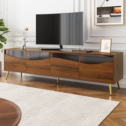 Modern TV Stand with Golden Metal Legs & Glass Top - Extra Long 180cm Media Console, Heavy-Duty Metal Construction, Built-in Storage Cabinet with Open Shelves & Closed Cabinets, Minimalist Living Room Furniture for Large TVs,