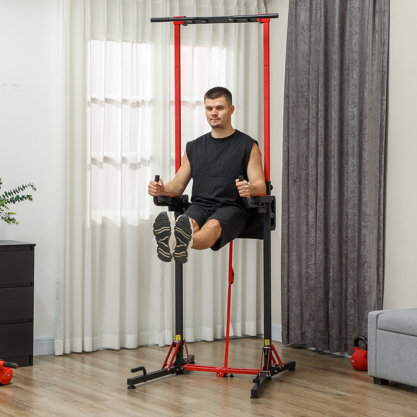 Pull-up Bar – Optrekstang – Dips Station – Fitness Rek – Trainingsstation – Inklapbaar – Verstelbare Hoogte 127-223 cm – Staal Zwart/Rood