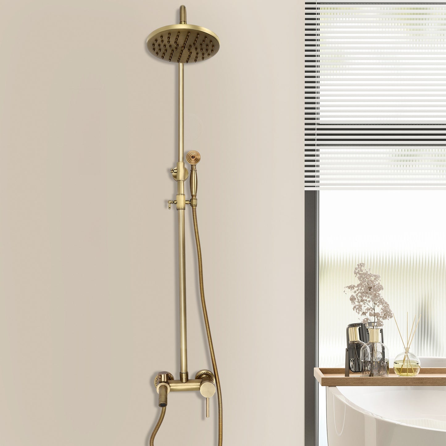 1 Set Antique Brass Shower System - Heavy-Duty Brass & Wall-Mounted Rain Shower Head with Handheld Attachment, 3-Spray Modes (Rain/Handheld/Combination), Fit for Modern Bathroom, Vintage Bath Set for Hot & Cold Water