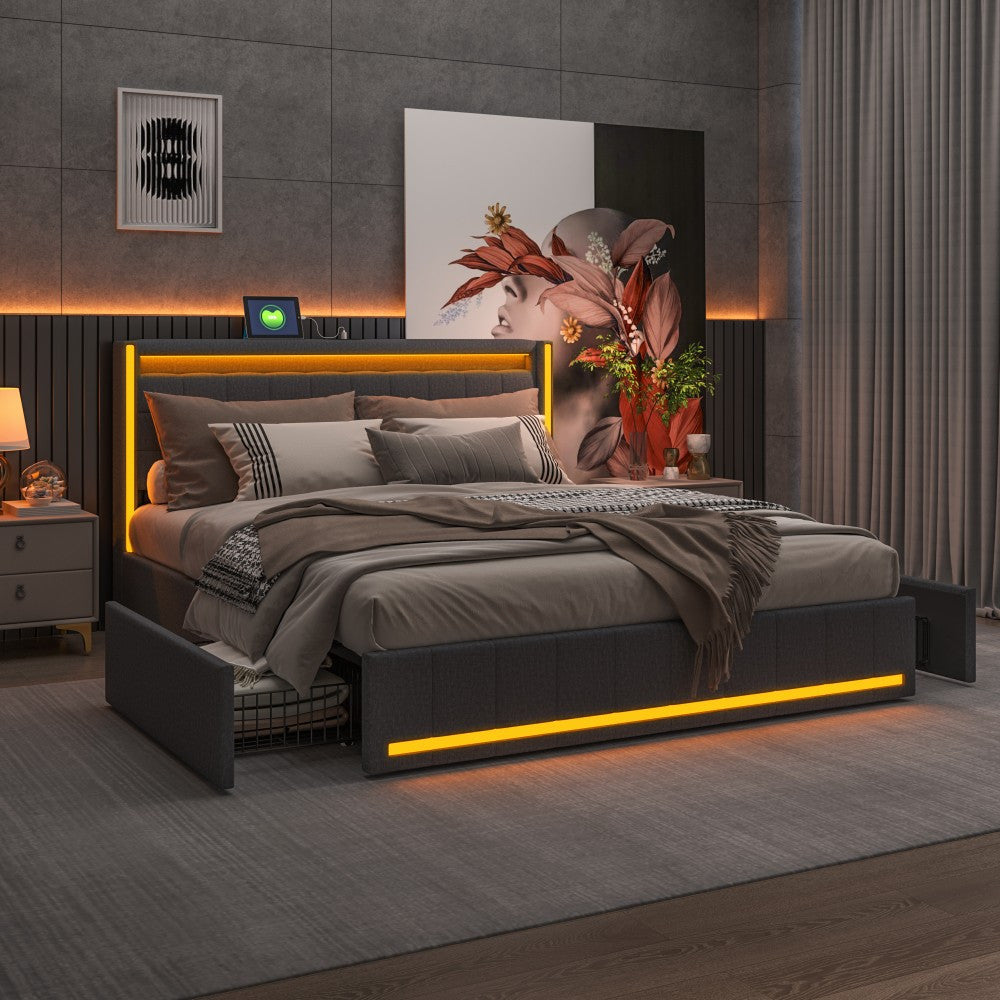 YCZ Bed Frame with Storage Space, Double Headboard Upholstered Bed with LED and USB, Storage Bed with 4 Drawers and Mattress, for Adults, BCDE