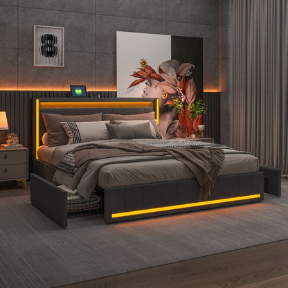 YCZ Bed Frame with Storage Space, Double Headboard Upholstered Bed with LED and USB, Storage Bed with 4 Drawers and Mattress, for Adults, BCDE