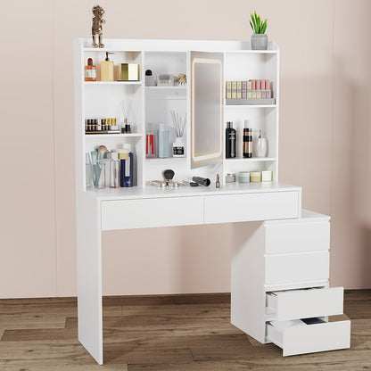 Vanity Desk – Make-up Tafel – Kaptafel – Schminktisch – Dressing Table – Verlichte Spiegel Met 3 Lichtstanden – 6 Laden Met 3 Opbergshelves – Wit – Gehard Glas