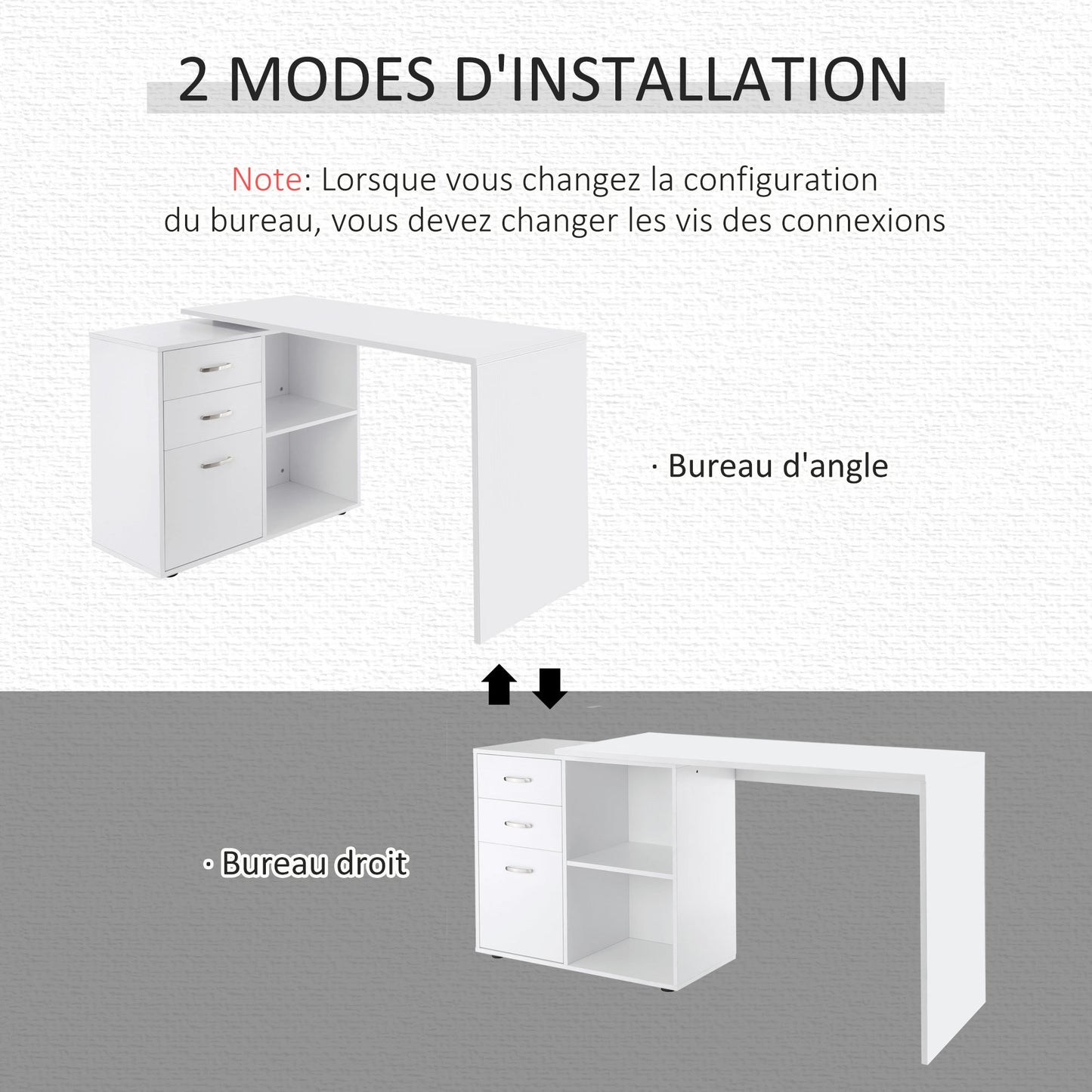Hoekbureau – Computerbureau – Bureautafel – Modulair Bureau – Eettafel – MDF Wit – 2 Configuraties – 3 Lades & 2 Open Vakken