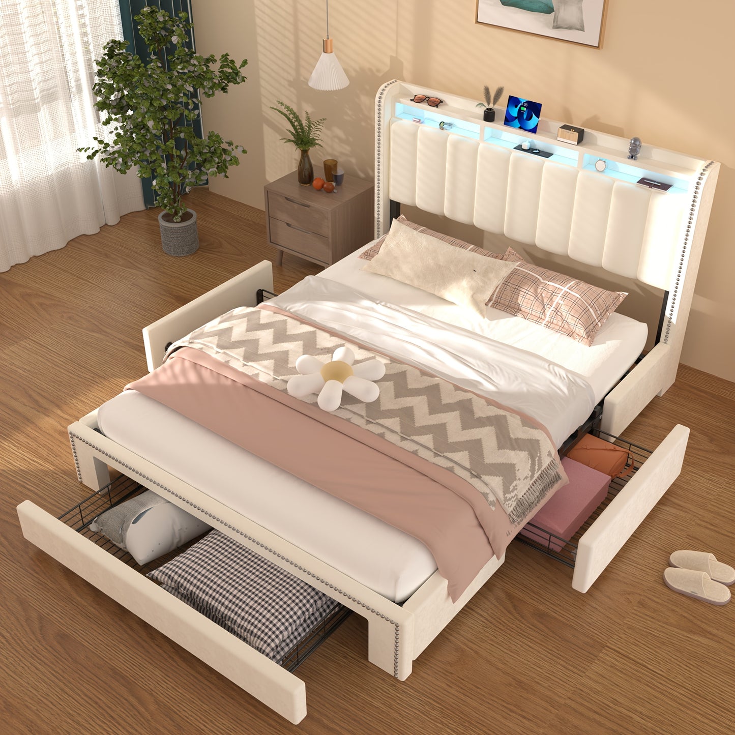 160x200 cm Tweepersoonsbed Frame met 3 Laden – Gestoffeerd Hoofdeinde & LED-Verlichting – Modern Roze Bed met USB-Verlichting, Stevige Metalen Ondersteuning
