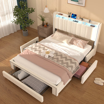 Modern Gestoffeerd Tweepersoonsbed 90x200 cm – 3 Lade-opslag, USB LED Hoofdeinde & Stevig Metalen Frame – Roze Accentladen, Ruimtebesparend en Eenvoudig te Monteren