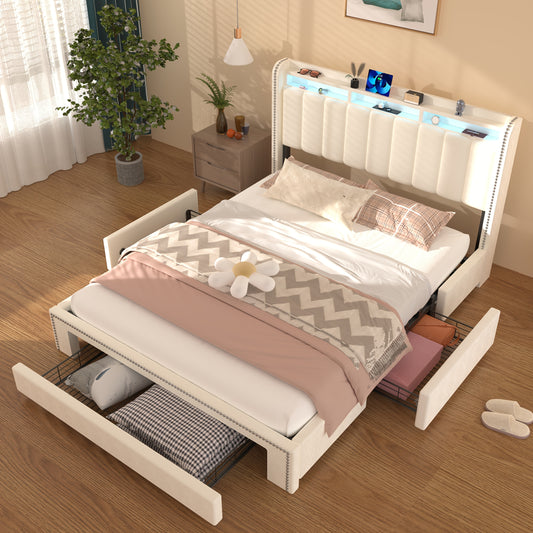 Modern Gestoffeerd Tweepersoonsbed 90x200 cm – 3 Lade-opslag, USB LED Hoofdeinde & Stevig Metalen Frame – Roze Accentladen, Ruimtebesparend en Eenvoudig te Monteren
