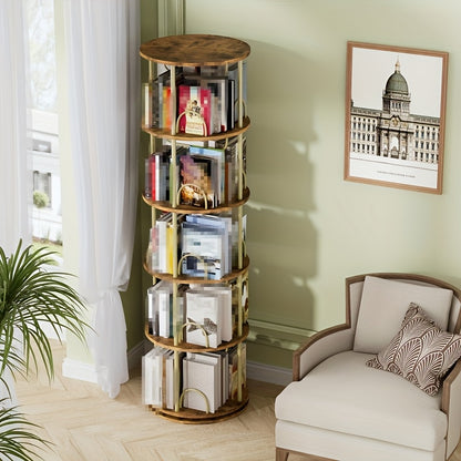 Draaibare Boekenplank – Ronde Boekenkast – Boekenrek – 360 Graden Draaisysteem – Opbergrek – 5 Vakken – Compact Design – Hout-Metalen Constructie – Bruin