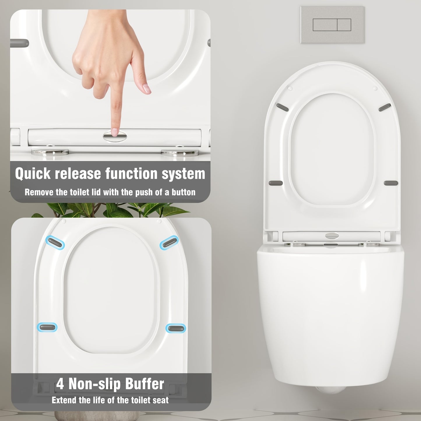 Toiletpot – Hangend – Wandcloset – WC Pot – Toiletset – Rimless Design – Softclose D-Vormige Zitting – Diepe Waskom 51 cm – Wit – Moderne Stijl Zonder Elektriciteit