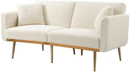 Velvet 3 Seater Design Sofa, Folding 3-Adjustable Sofa Bed, Metal Leg Support Living Room, Bedroom, Small Space, Comfortable for Sitting or Sleeping (White + Teddy) - QUORE